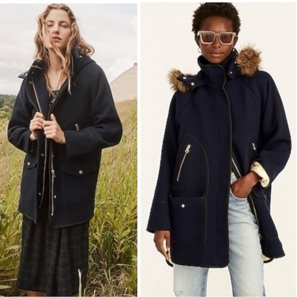 J. Crew Summit Parka Coat Italian Stadium Cloth Wool in Navy Gold Trim size 0 - Picture 1 of 14